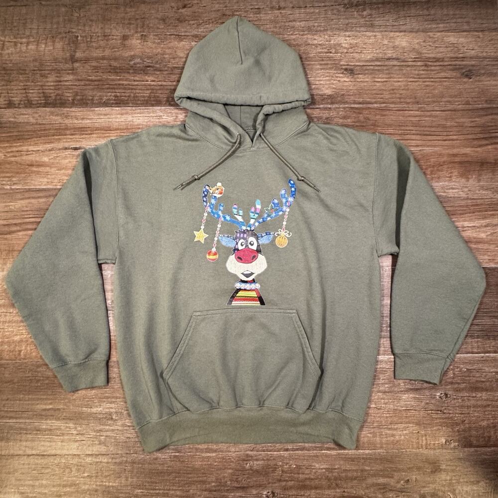 Gildan Christmas Reindeer Hoodie Unisex L Green Holiday Pullover